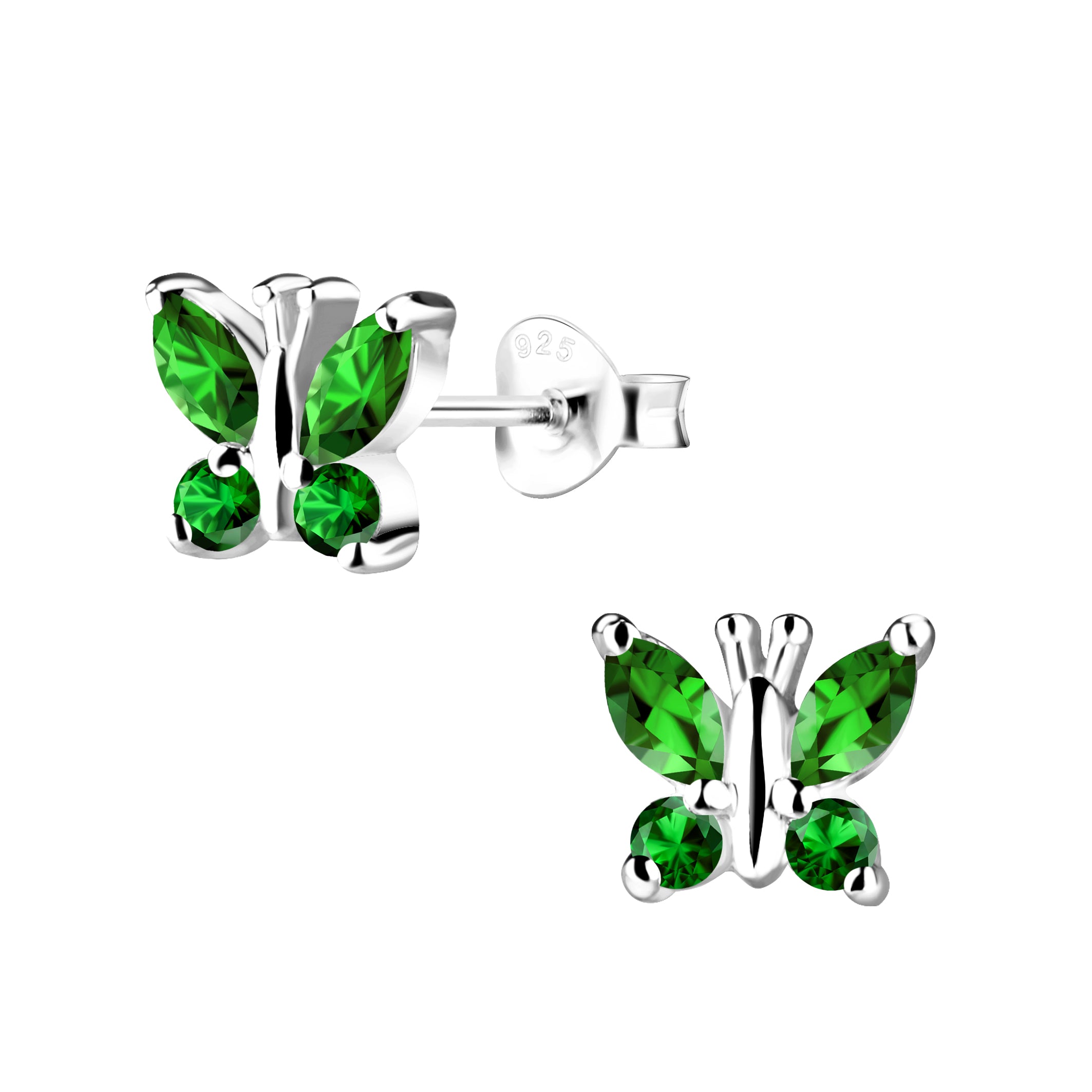Melchior Jewellery sterling silver May birthstone earrings shaped like green butterfly studs