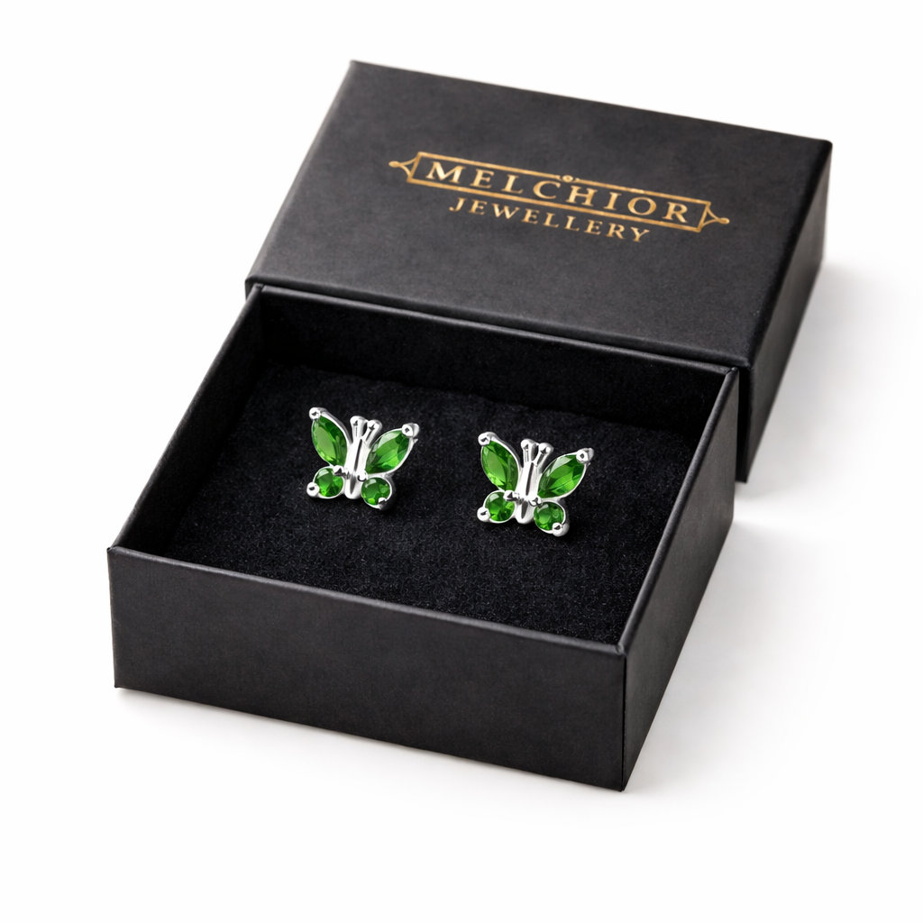 Melchior Jewellery sterling silver May birthstone earrings shaped like green butterfly studs in black gift box