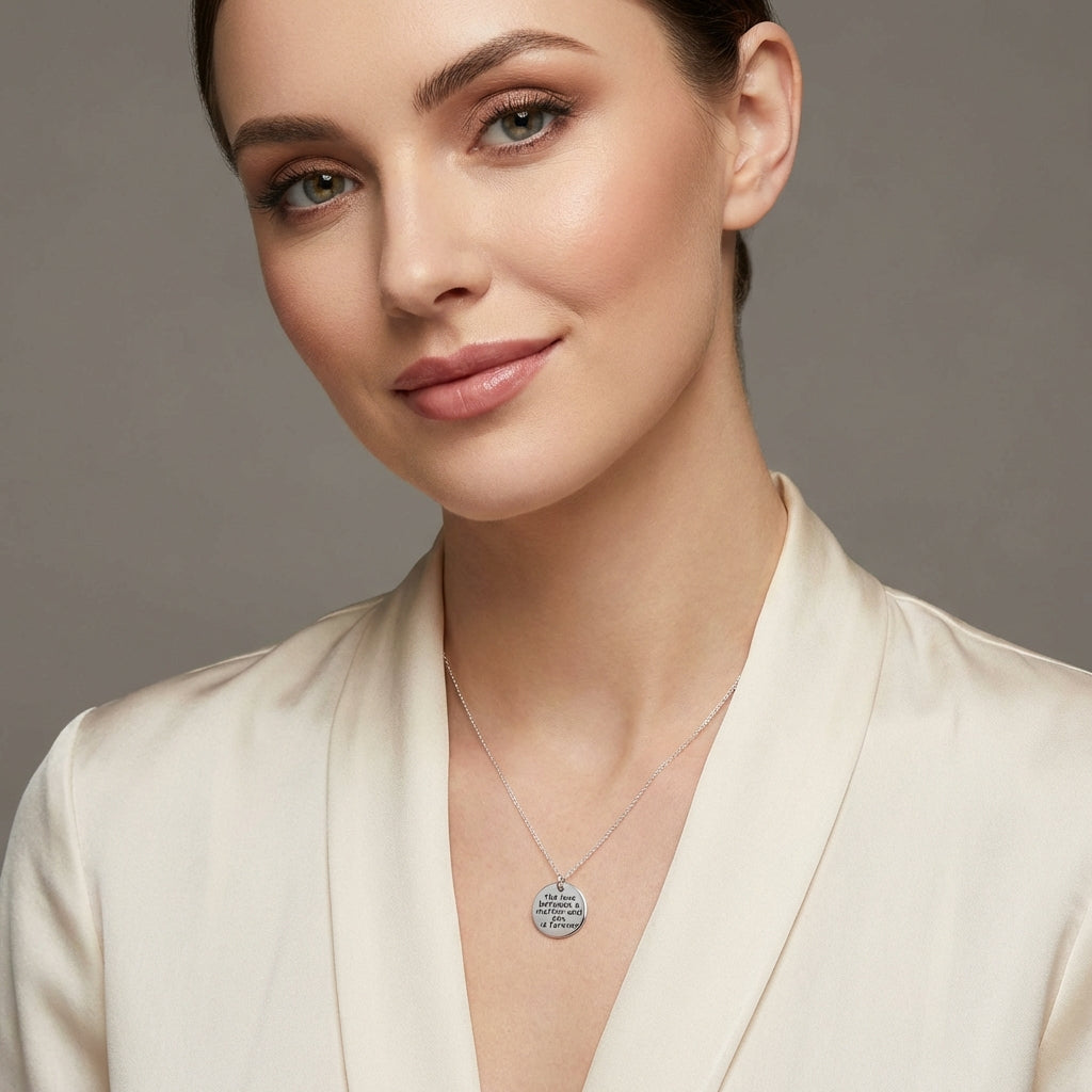 Melchior Jewellery sterling silver mother and son necklace worn by woman with cream blouse