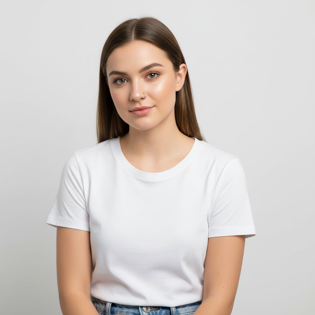 Young woman wearing a sterling silver nose ring 8mm from Melchior Jewellery with a white t-shirt