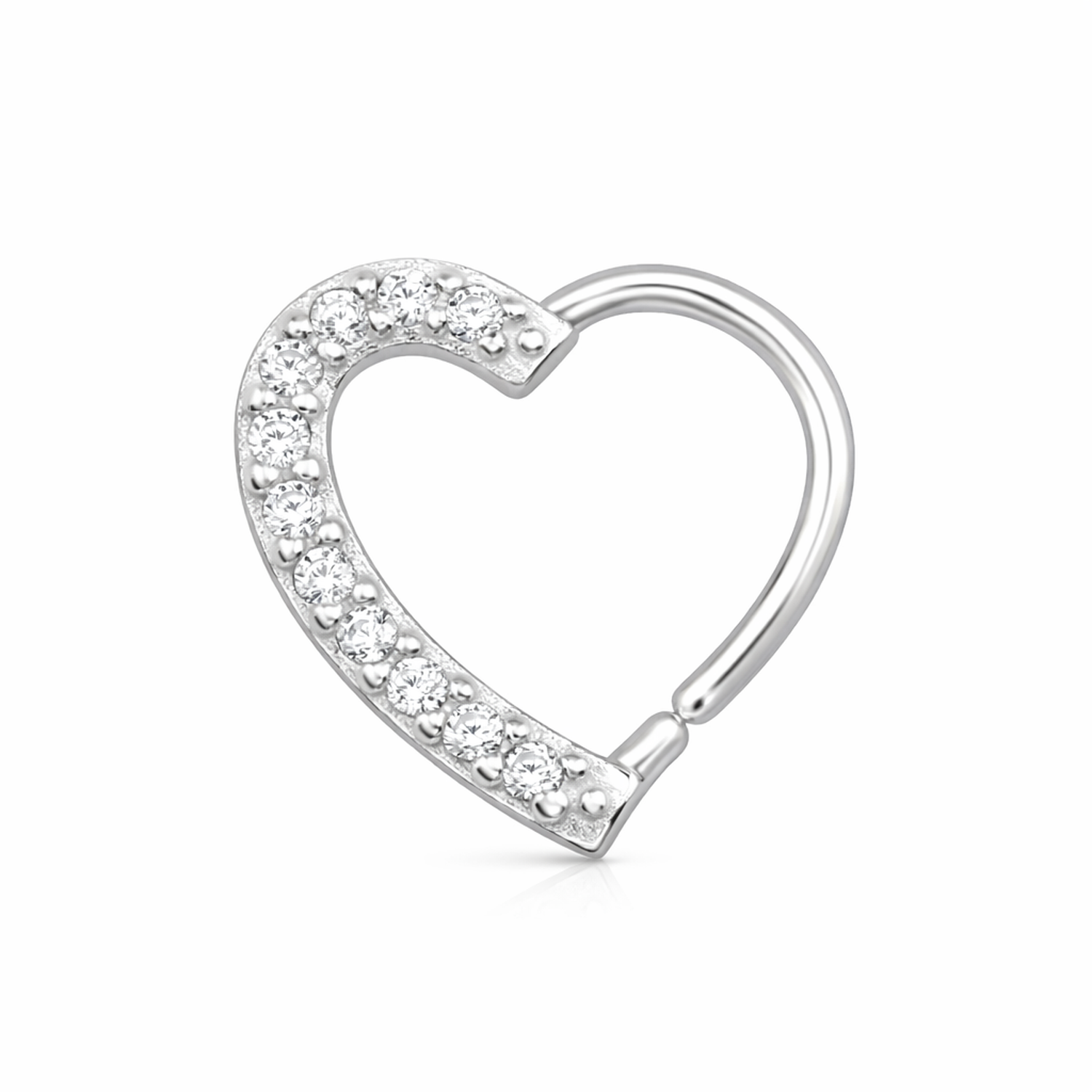 Sterling silver heart-shaped nose ring with clear crystal detailing by Melchior Jewellery