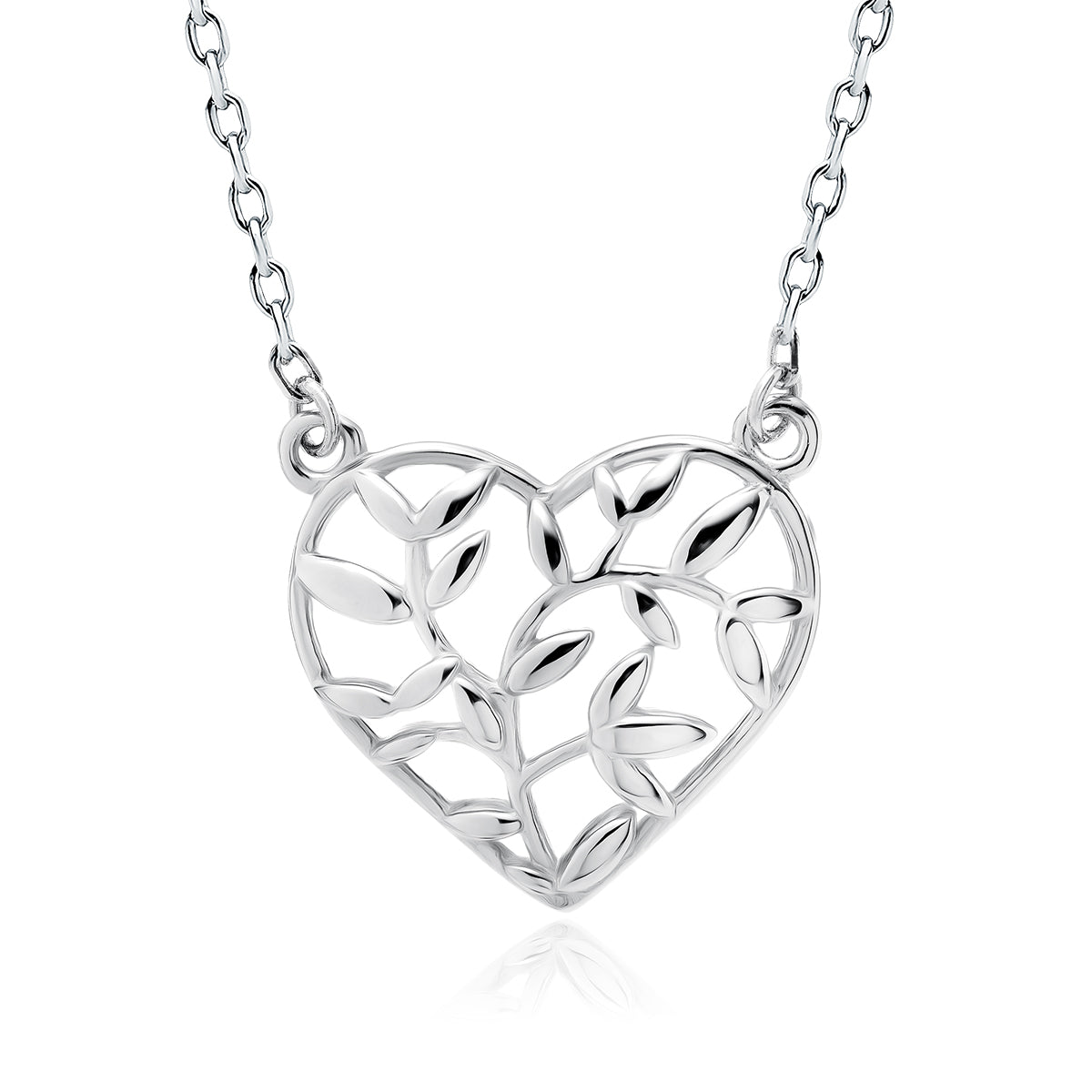 Sentiell sterling silver olive leaf pendant in heart shape on delicate chain necklace