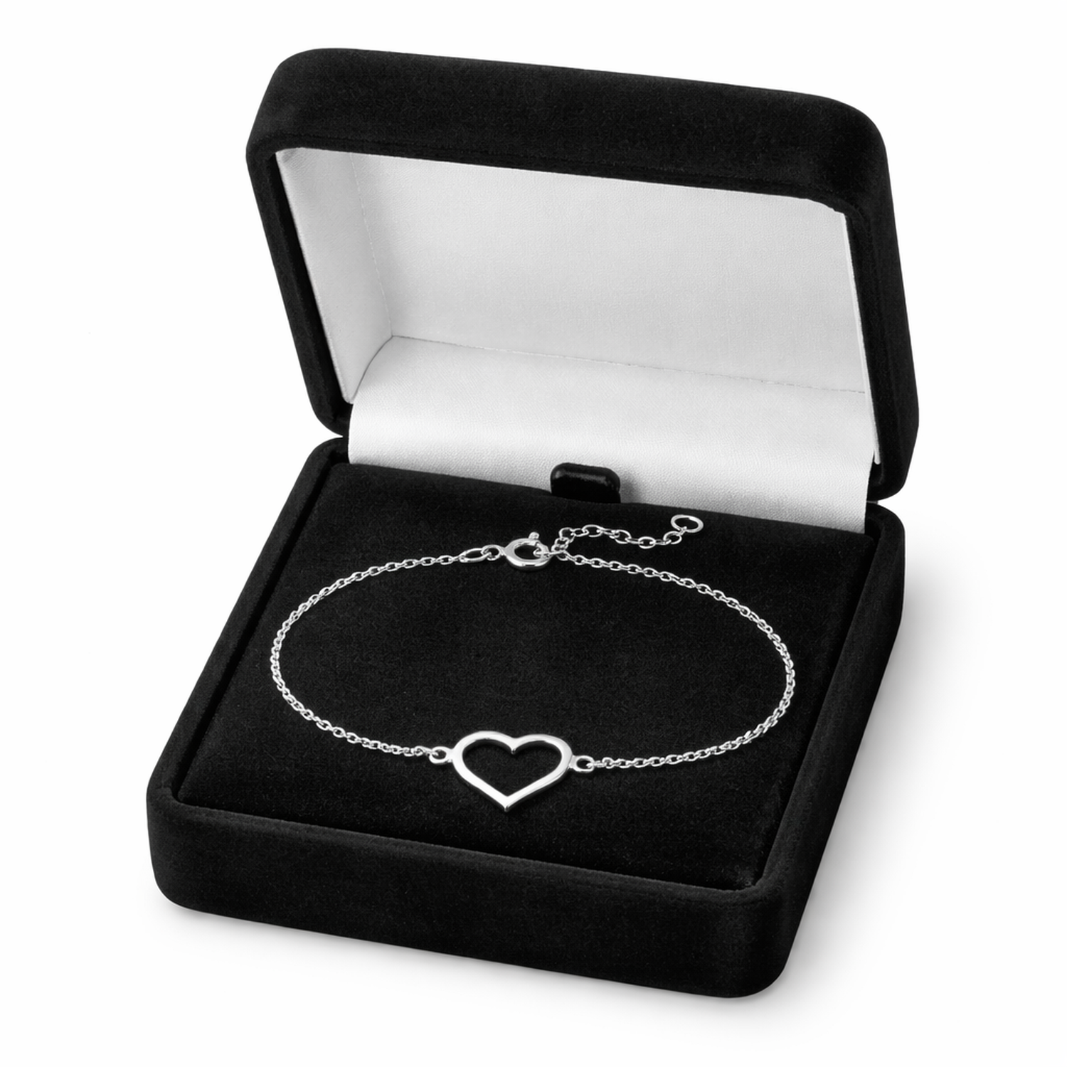 Melchior Jewellery sterling silver open heart bracelet displayed in black velvet jewellery box