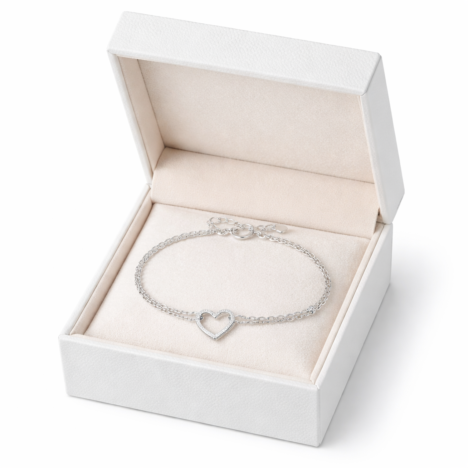 Melchior Jewellery sterling silver open heart bracelet in white gift box with soft cushion