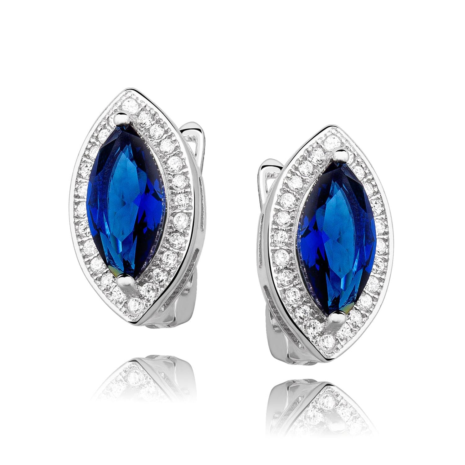 Melchior Jewellery sterling silver oval sapphire stud earrings with deep blue stones and surrounding clear crystals