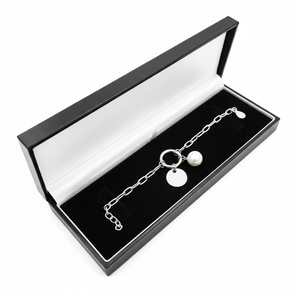 Sterling silver pearl bracelet by Melchior Jewellery displayed in black and white gift box