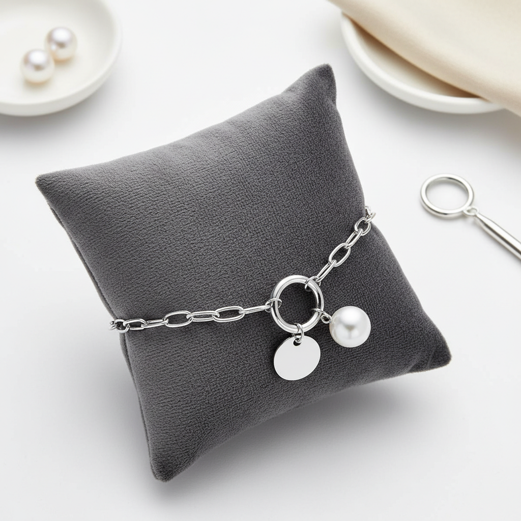 Sterling silver pearl bracelet by Melchior Jewellery displayed on a grey cushion with delicate chain and charms