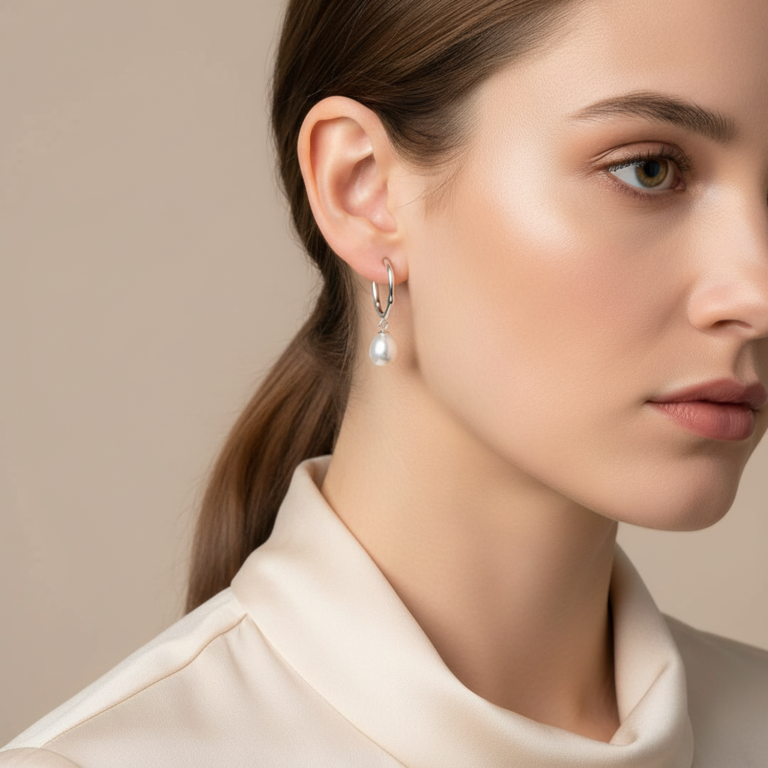 Melchior Jewellery sterling silver pearl drop earrings worn by woman with neutral makeup and beige top