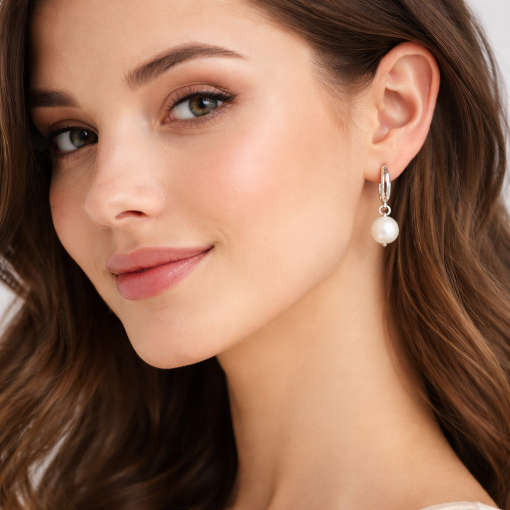 Melchior Jewellery sterling silver pearl drop earrings worn by woman with brown hair