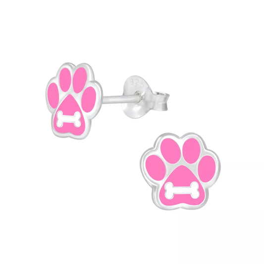 Melchior Jewellery sterling silver pink paw stud earrings for children with bone detail