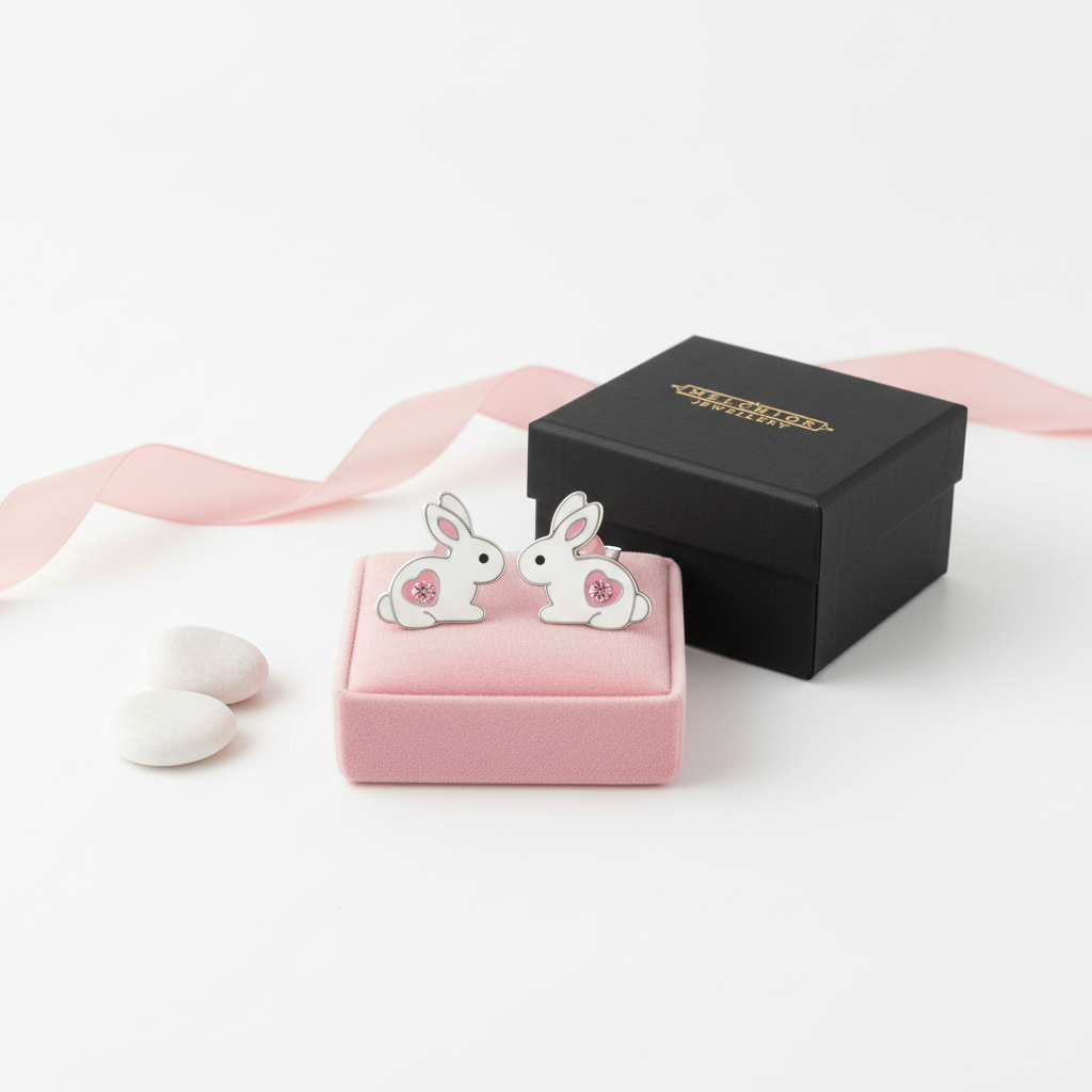 Sterling silver rabbit earrings for kids on pink cushion with Melchior Jewellery black box gift packaging