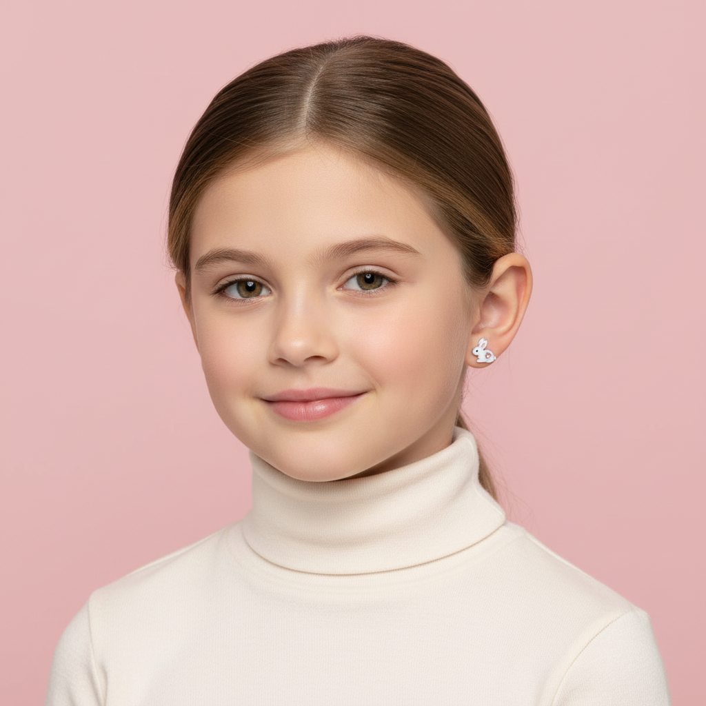 Girl wearing sterling silver rabbit earrings for kids by Melchior Jewellery on pink background