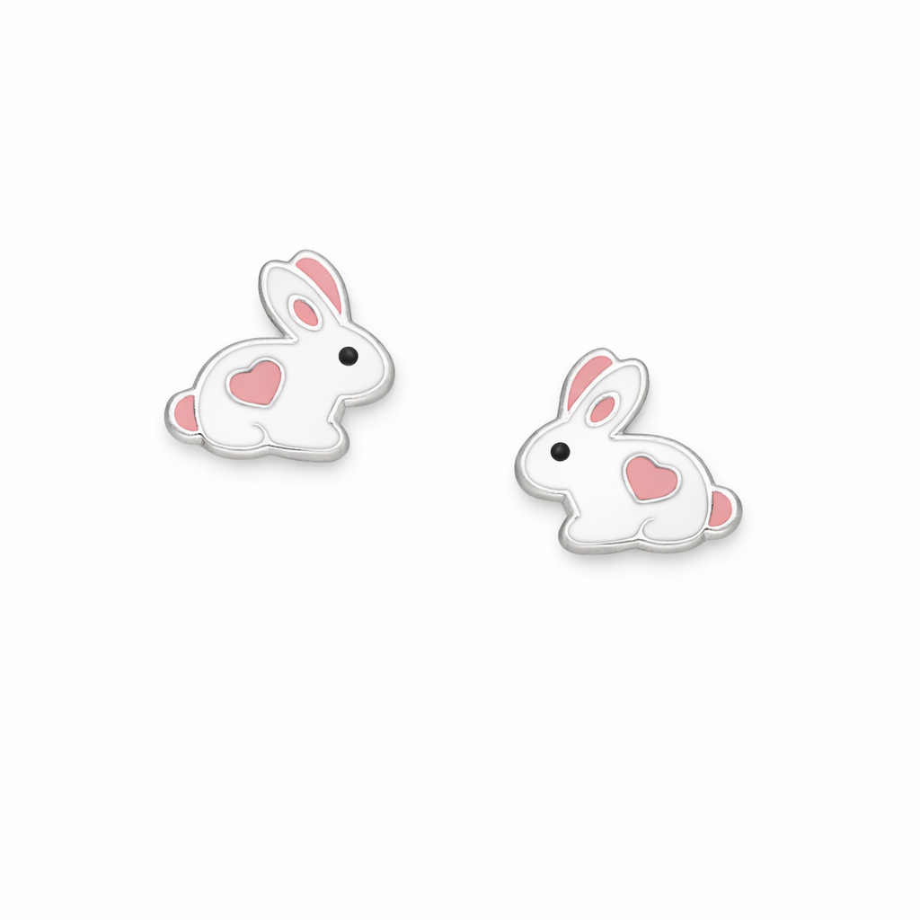 Melchior Jewellery sterling silver rabbit earrings for kids with pink heart details and black eyes
