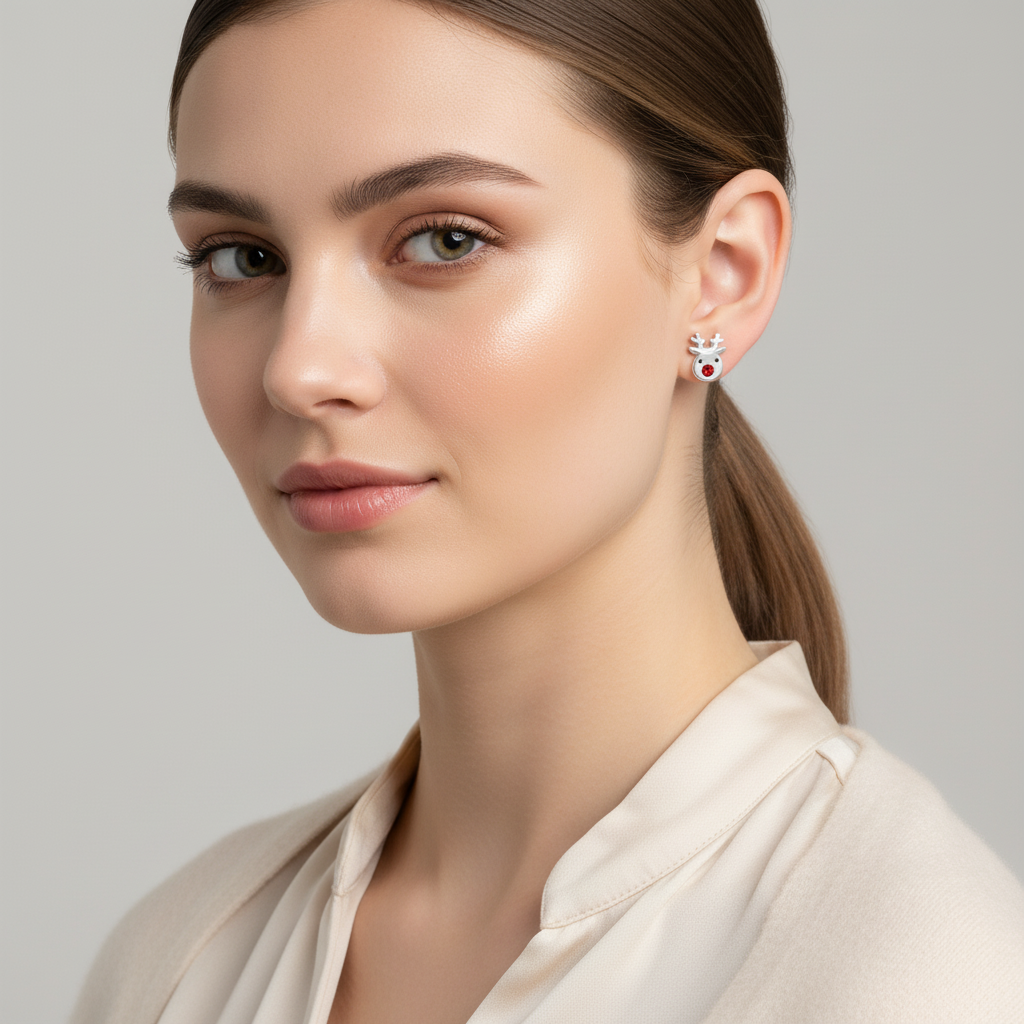 Melchior Jewellery sterling silver reindeer earrings worn by model with sleek hair and neutral outfit
