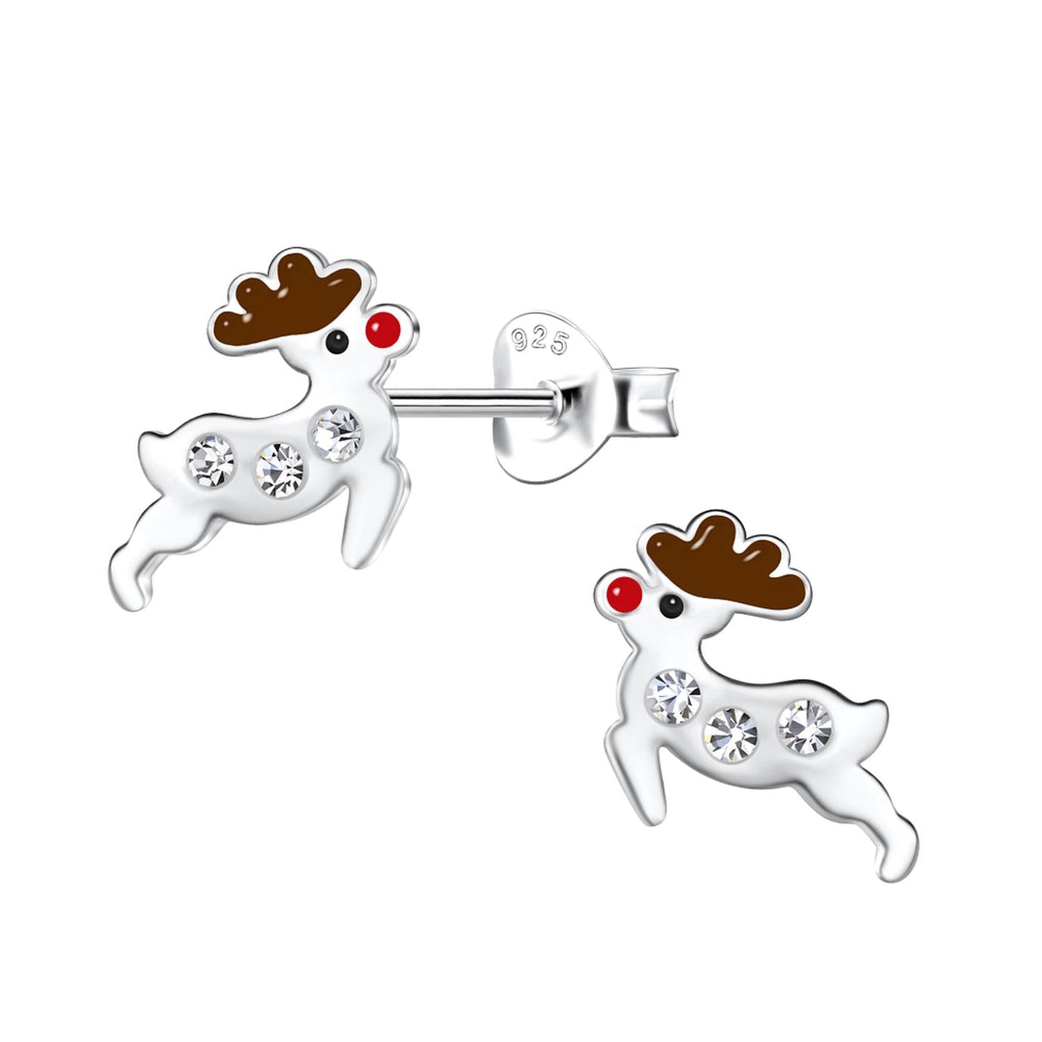 Melchior Jewellery sterling silver reindeer stud earrings for children with brown antlers red noses and clear gemstone accents