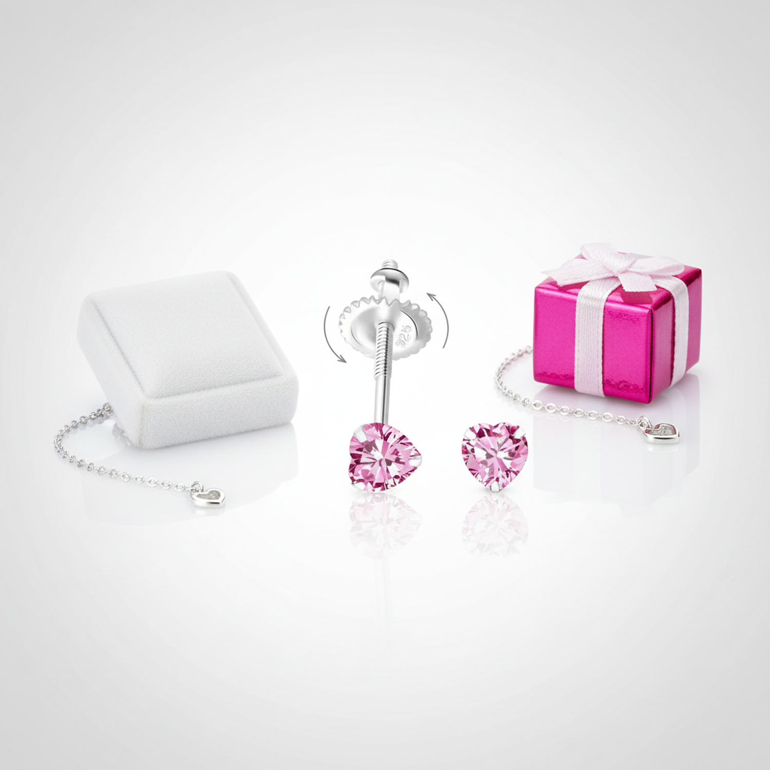Melchior Jewellery sterling silver screw back earrings for kids with pink heart-shaped stones and gift box
