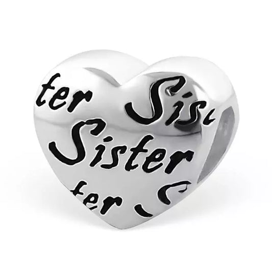 Sterling silver sister charm heart bead with engraved sister text by Melchior Jewellery