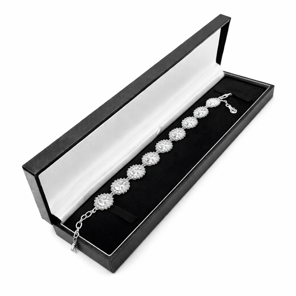 Sterling Silver Sparkling White CZ Bracelet by Melchior Jewellery displayed in black and white presentation box
