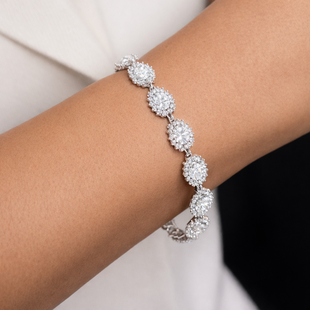 Sterling Silver Sparkling White CZ Bracelet by Melchior Jewellery on wrist with floral cluster design