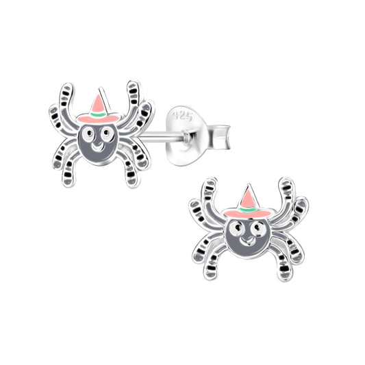 Melchior Jewellery sterling silver spider studs for children with cute pink witch hats