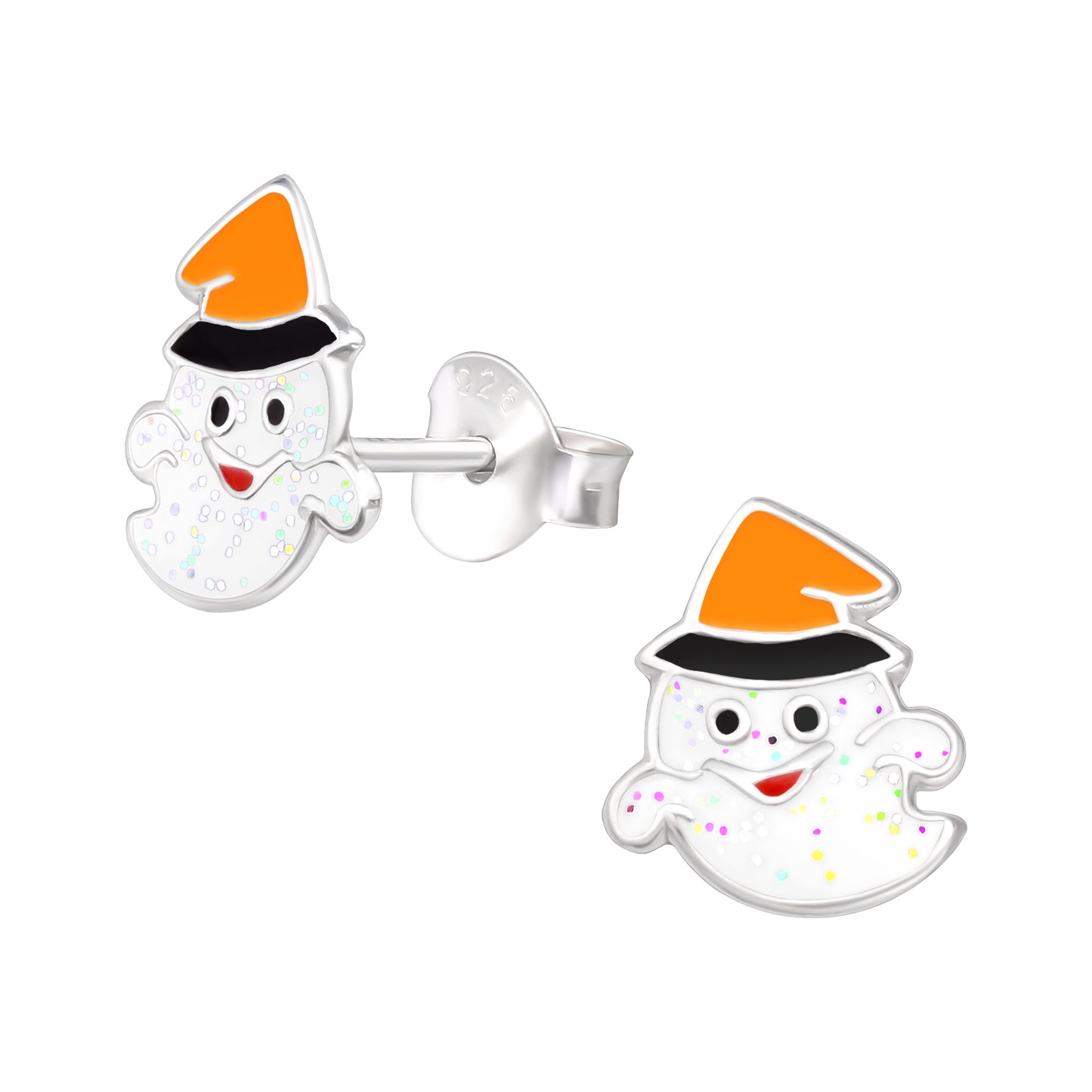 Melchior Jewellery sterling silver spooky earrings for children featuring cute ghost with orange witch hat