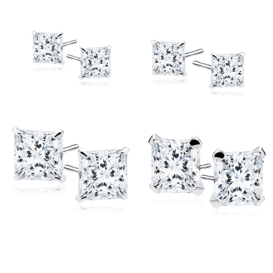 Melchior Jewellery sterling silver square stud earrings set showing four pairs of clear princess cut studs for women