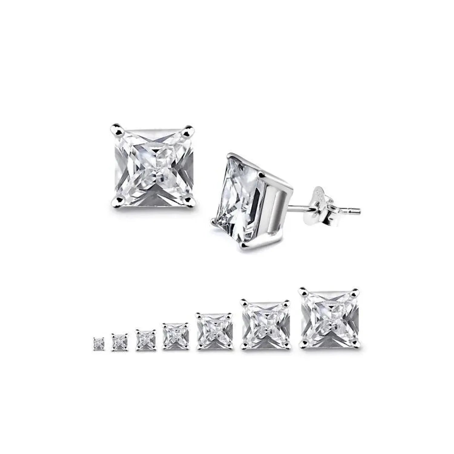 Melchior Jewellery sterling silver square stud earrings in various sizes with clear gemstone design