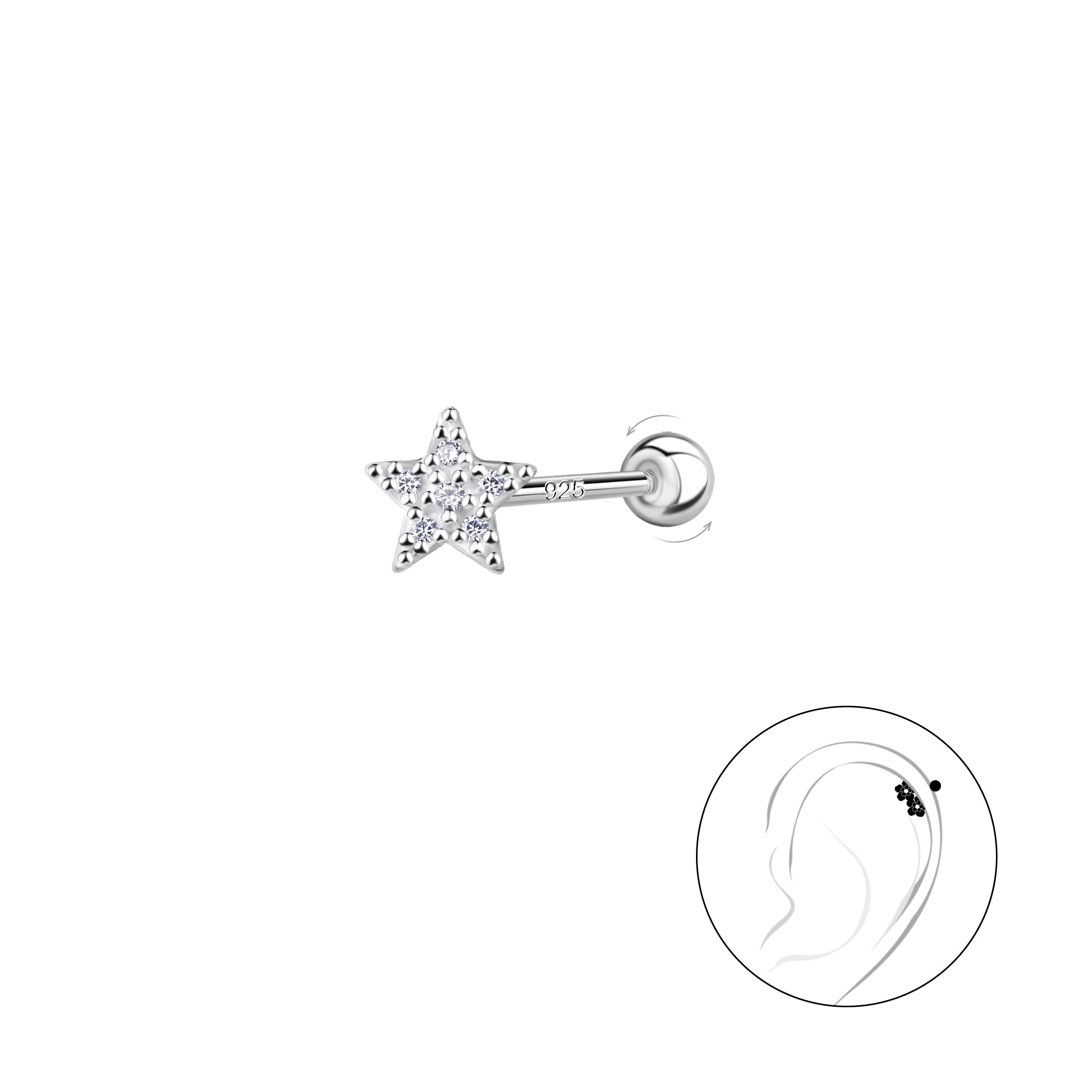 Sterling silver star cartilage stud sparkling with clear stones by Melchior Jewellery