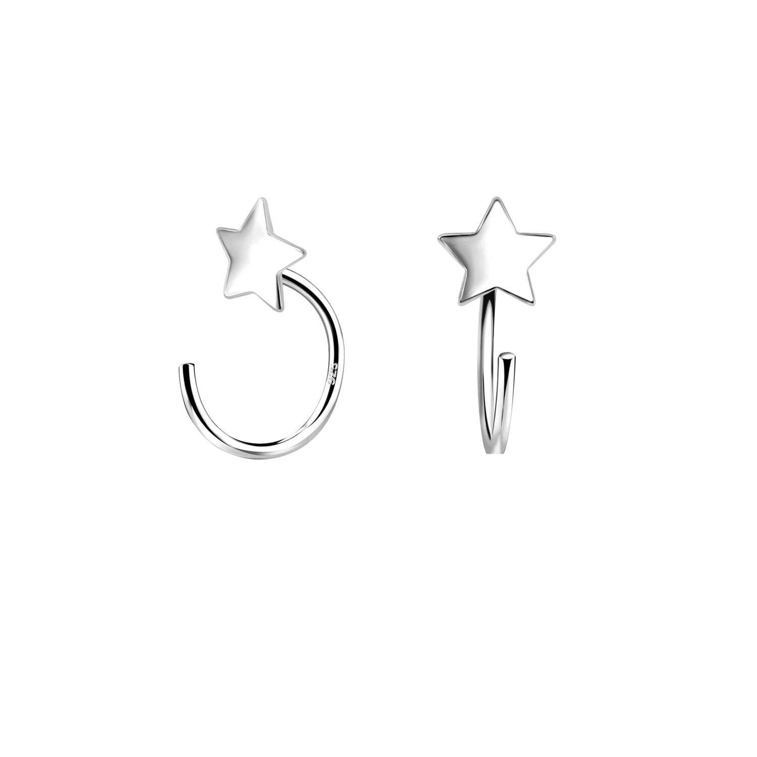 Sterling Silver Star Pull Through Earrings by Melchior Jewellery with polished shiny silver star and curved hoop design