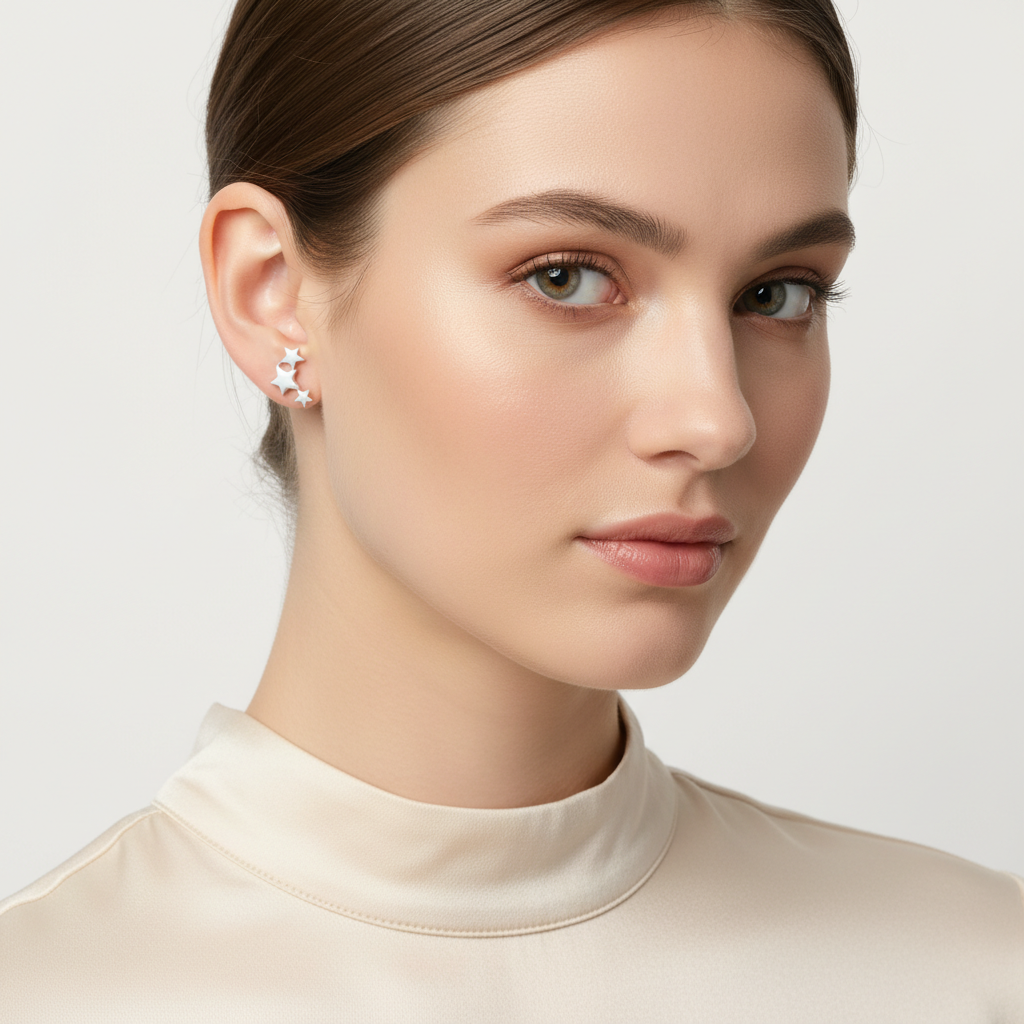 Melchior Jewellery sterling silver star stud earrings worn by model with smooth skin and neutral makeup