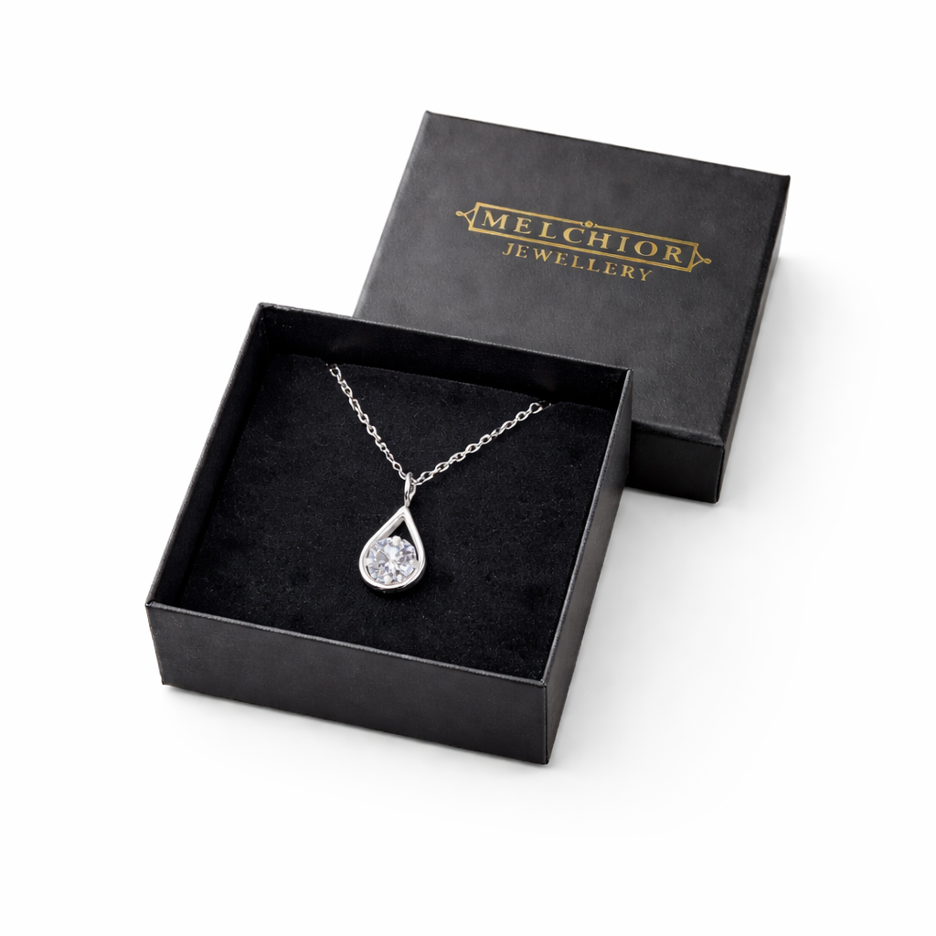 Sterling silver teardrop pendant necklace by Melchior Jewellery in black gift box