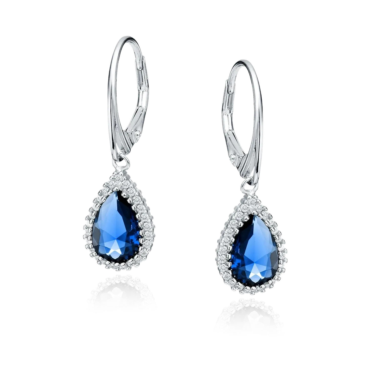 Melchior Jewellery sterling silver teardrop sapphire earrings with deep blue stones surrounded by sparkling clear crystals