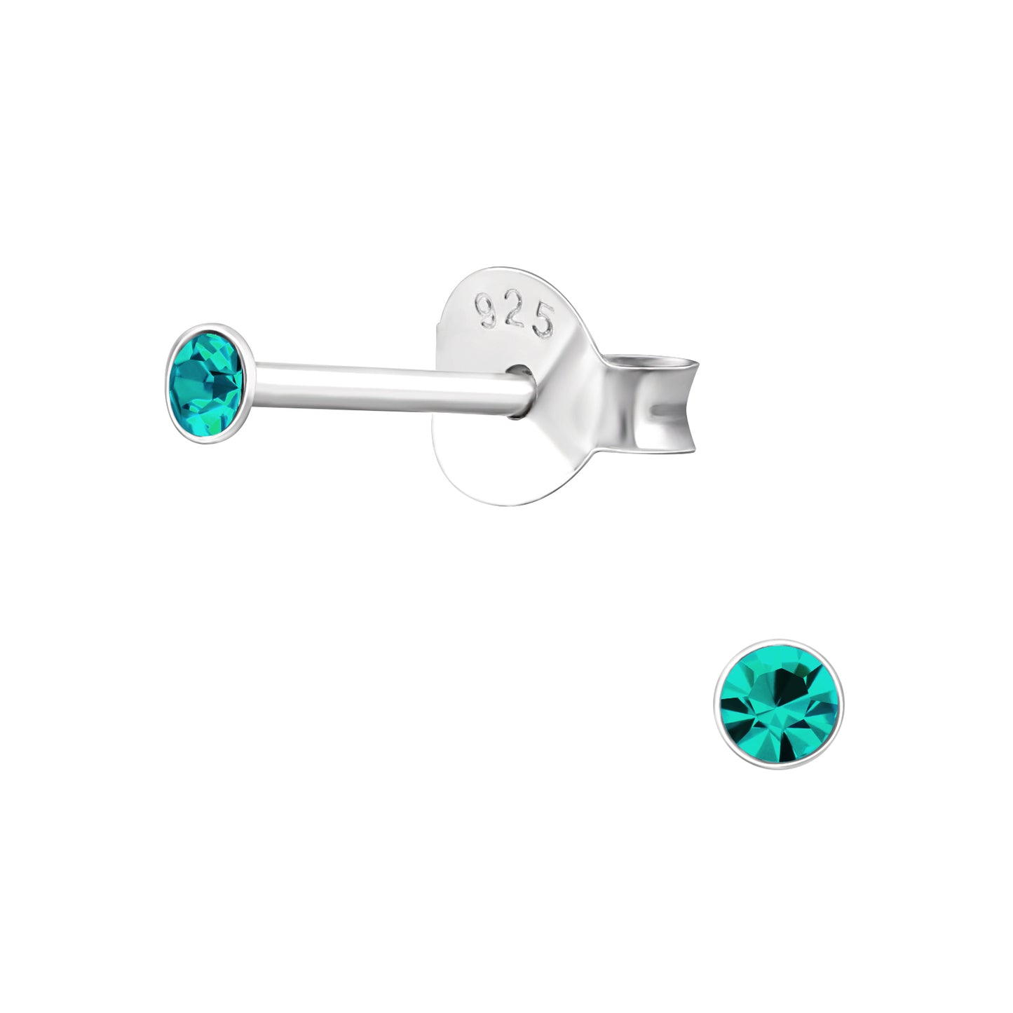 Melchior Jewellery childrens sterling silver tiny stud earrings with teal crystal and 925 butterfly backs