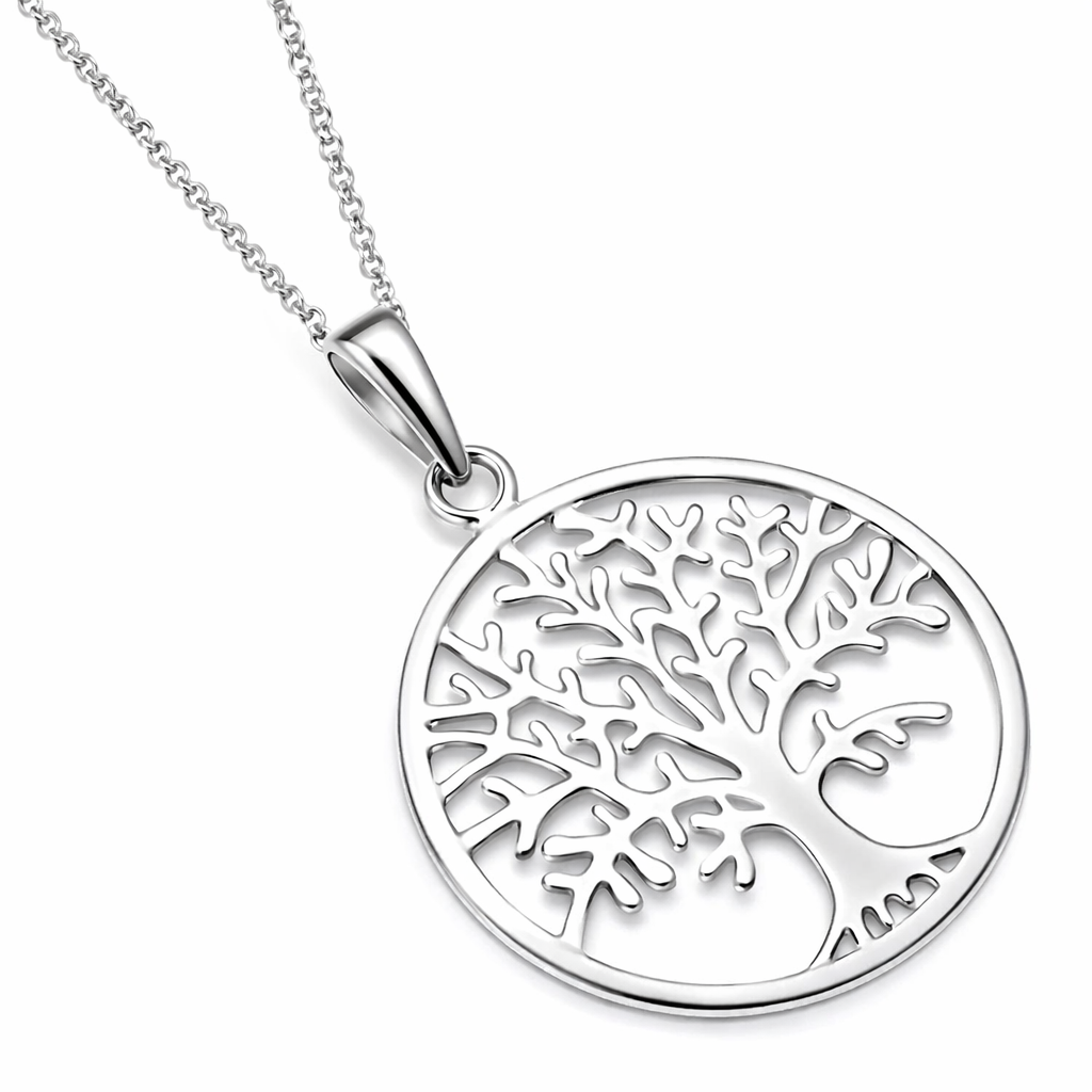 Melchior Jewellery sterling silver tree of life necklace with intricate cut-out design on chain