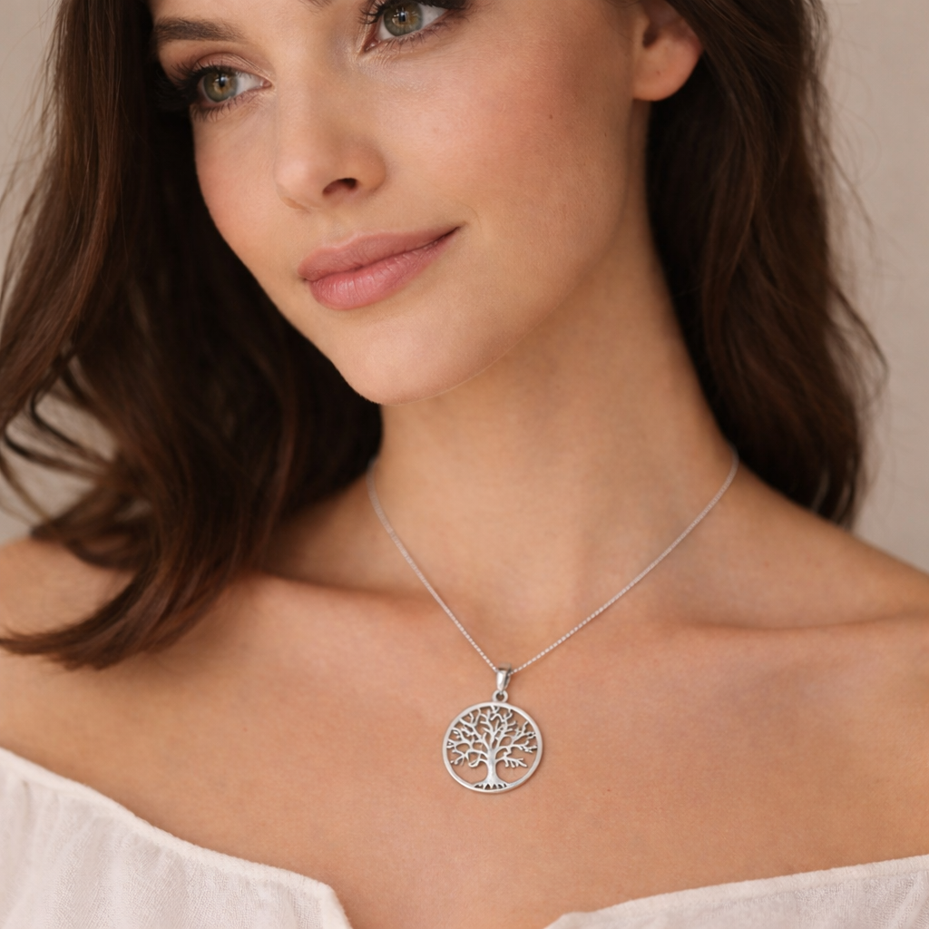 Woman wearing Melchior Jewellery sterling silver tree of life necklace with delicate chain