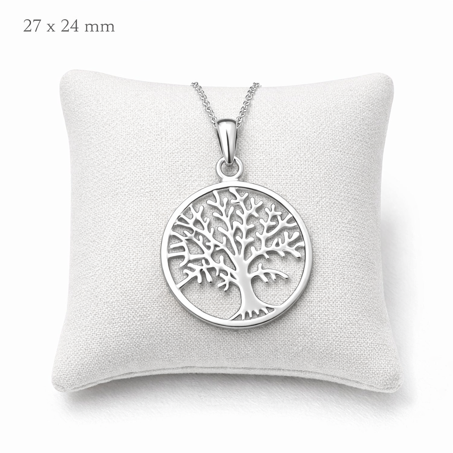 Melchior Jewellery sterling silver tree of life necklace with intricate branch design on white cushion