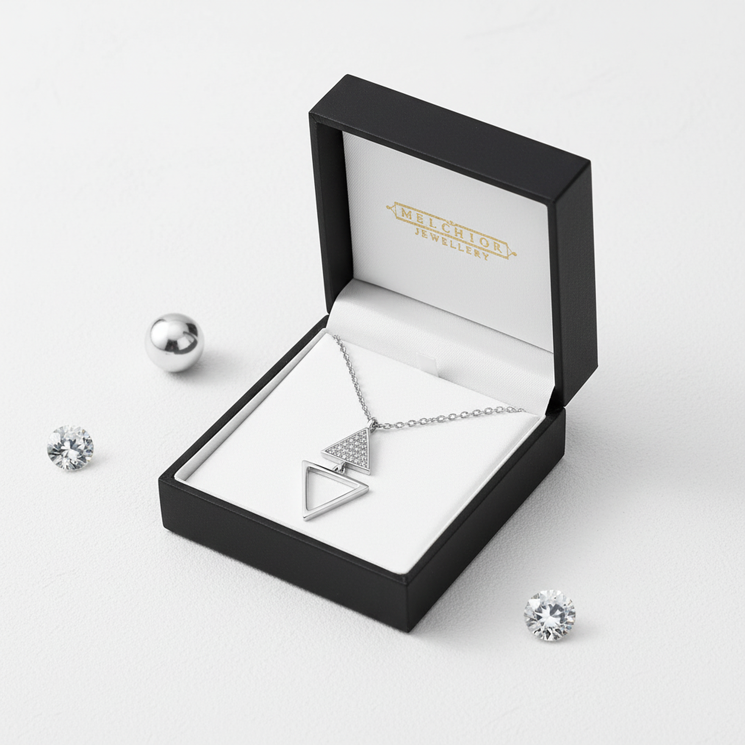Melchior Jewellery sterling silver triangle pendant necklace in elegant black gift box