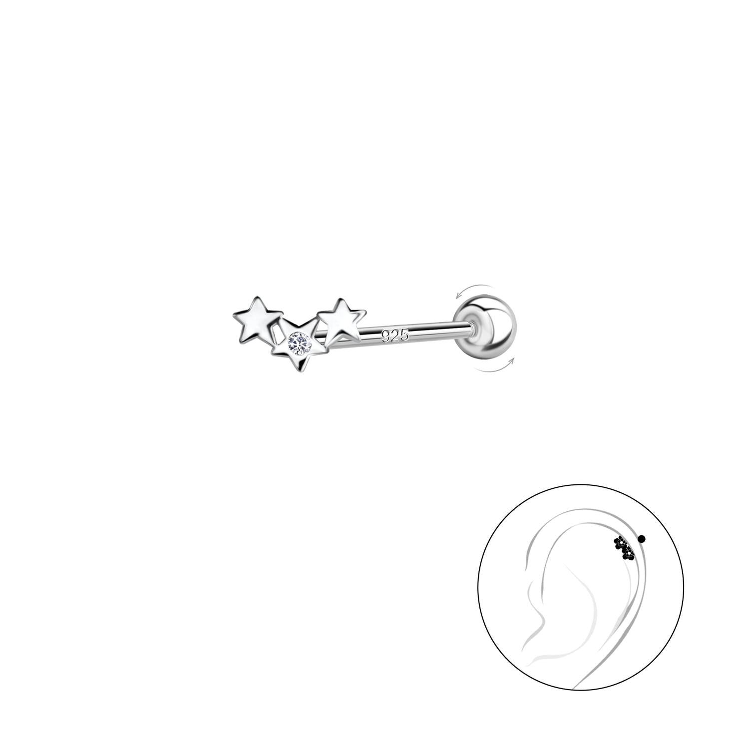 Melchior Jewellery sterling silver triple star cartilage stud with clear gem detail for ear piercing