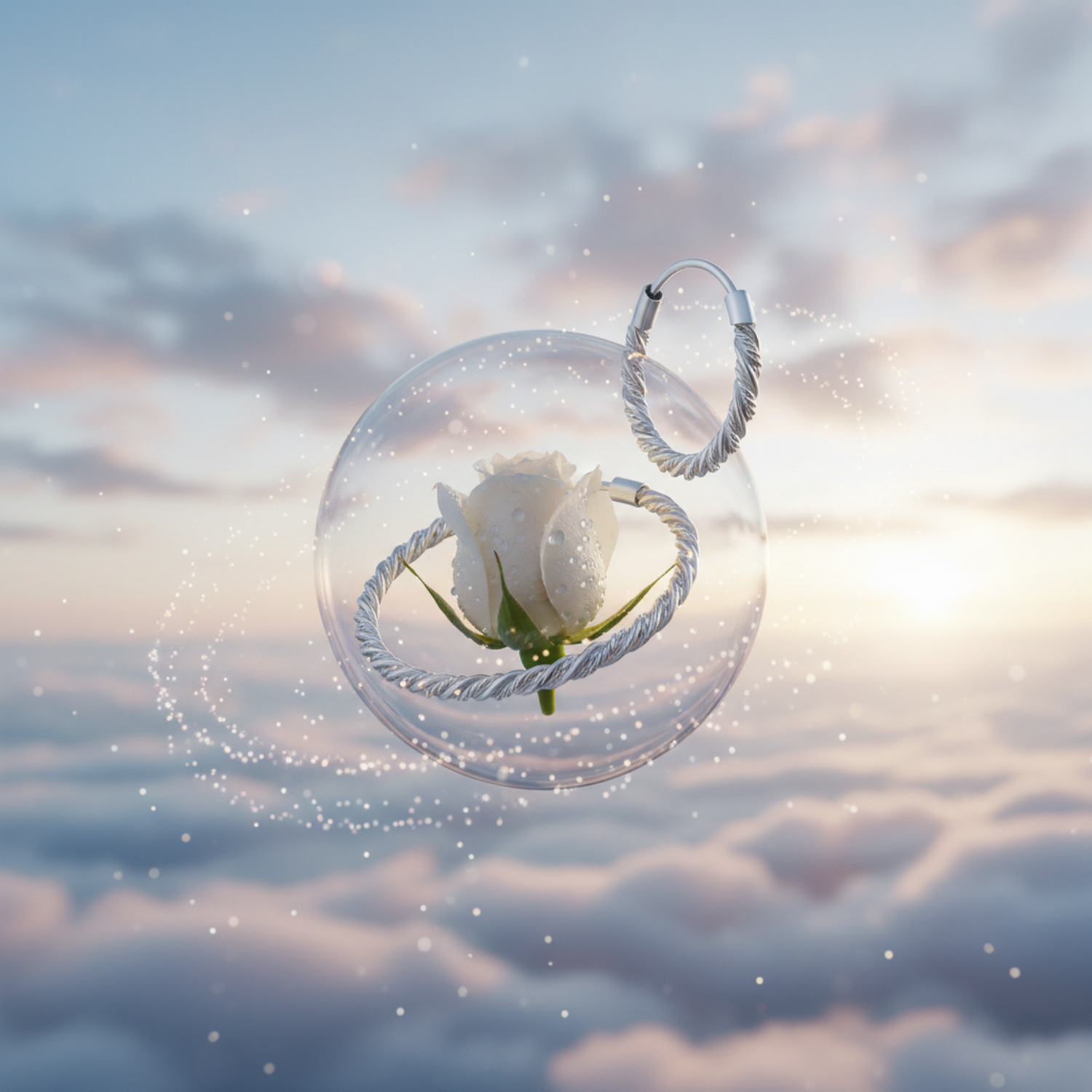 Melchior Jewellery sterling silver twist hoop earrings displayed with a white rose against a dreamy sky background