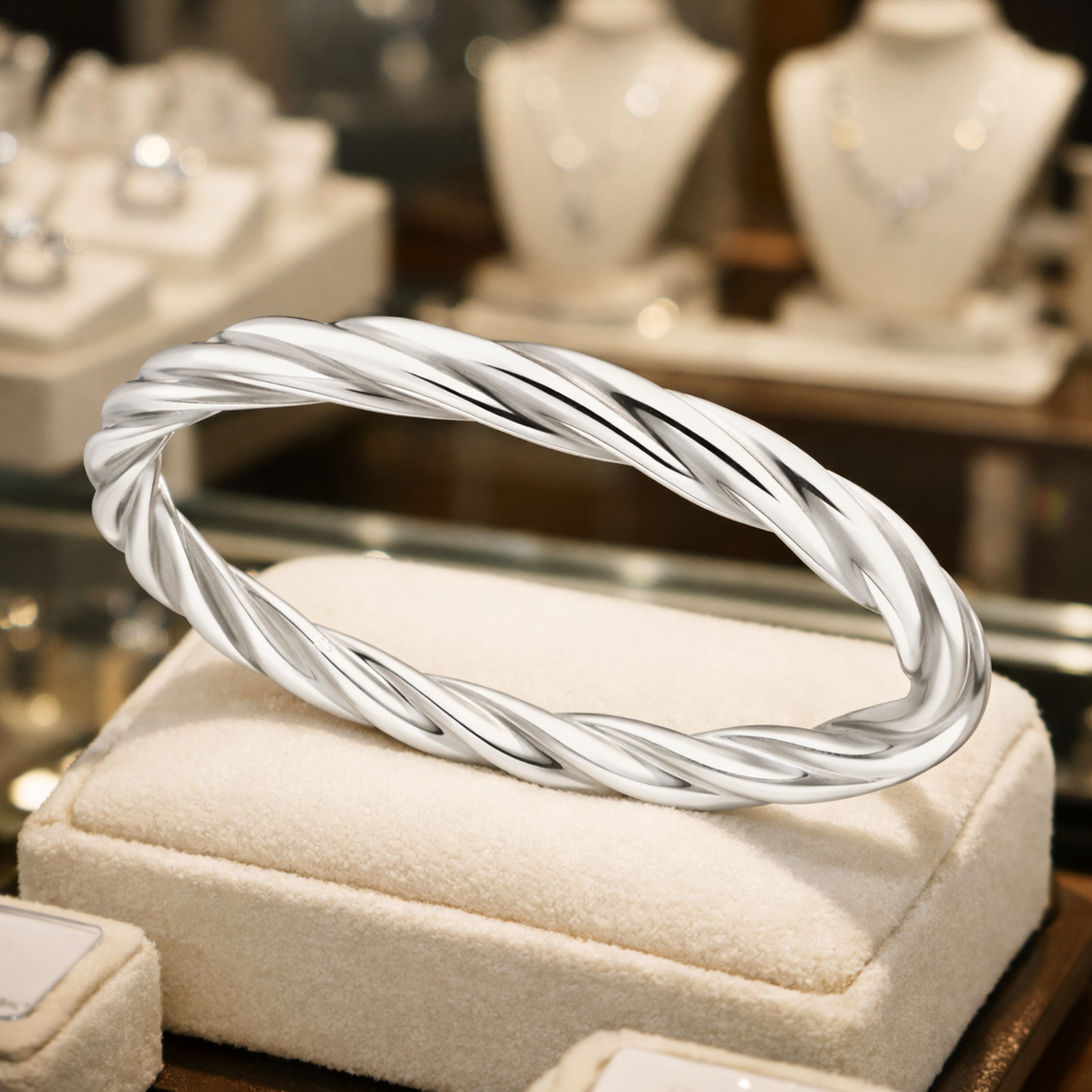 Melchior Jewellery sterling silver twisted bangle displayed on a cream cushion in a jewellery shop