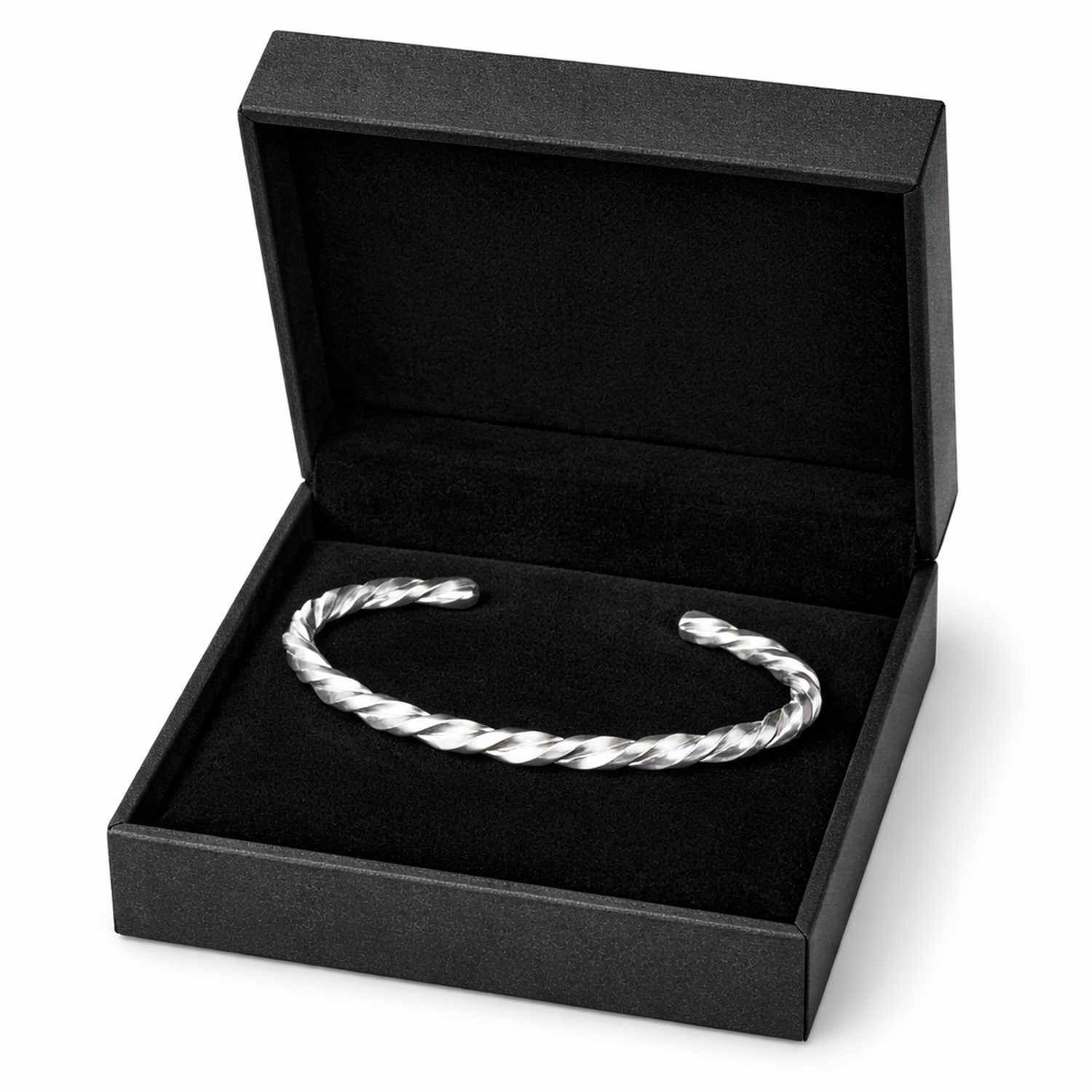Sterling silver twisted cuff bangle displayed in a black jewellery box by Melchior Jewellery