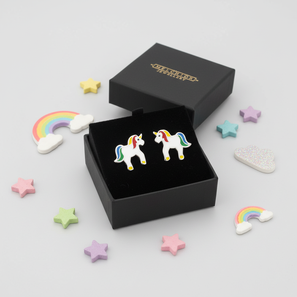 Sterling silver unicorn earrings for girls displayed in Melchior Jewellery black box with colourful stars and rainbows