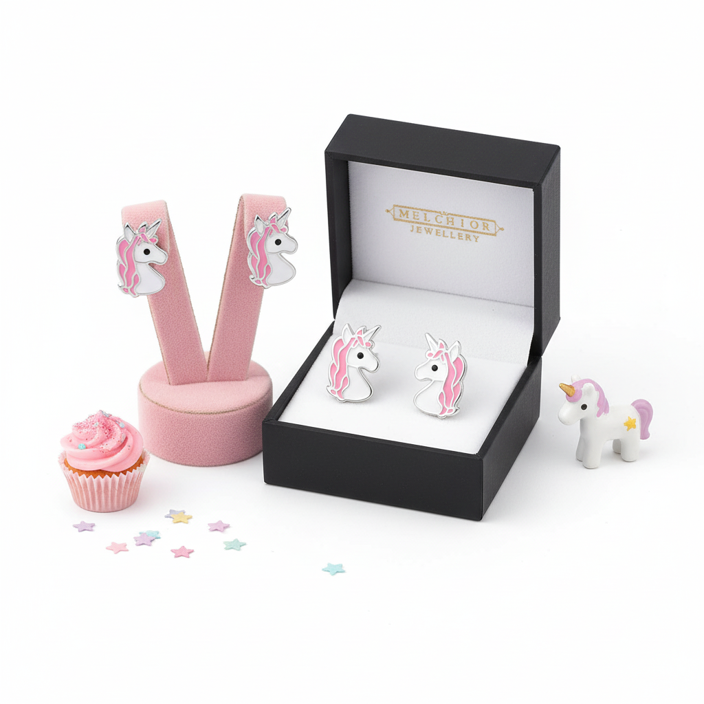 Melchior Jewellery sterling silver unicorn earrings for girls displayed in black box and pink stand with unicorn toy and cupcake