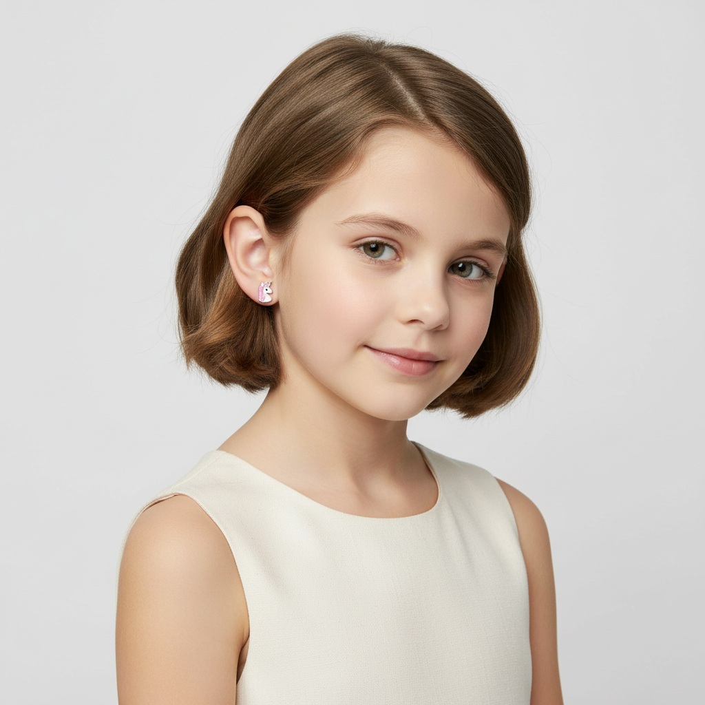 Young girl wearing sterling silver unicorn earrings for girls by Melchior Jewellery in a white sleeveless top
