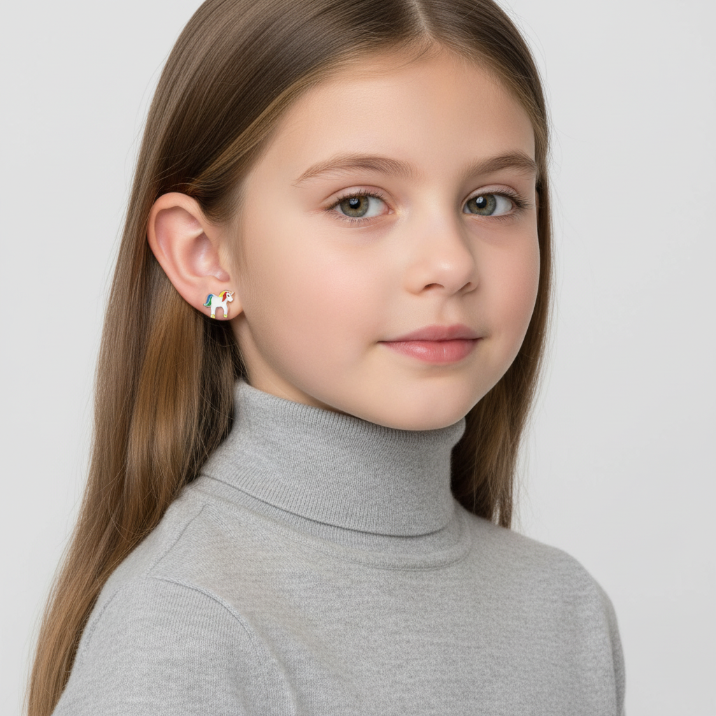 Sterling silver unicorn earrings for girls worn by child with long hair in grey turtleneck