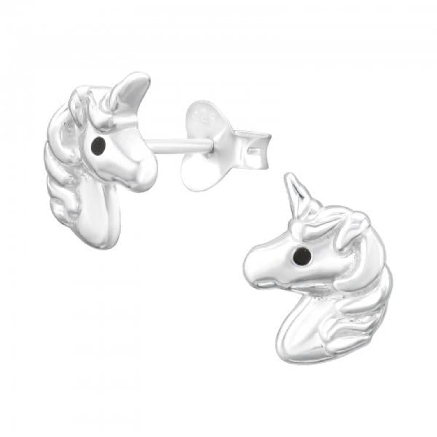 Sterling Silver Unicorn Stud Earrings by Melchior Jewellery featuring shiny silver unicorn heads with black eyes
