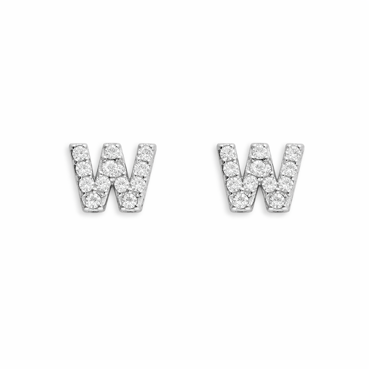 Melchior Jewellery sterling silver W initial stud earrings with sparkling clear crystals
