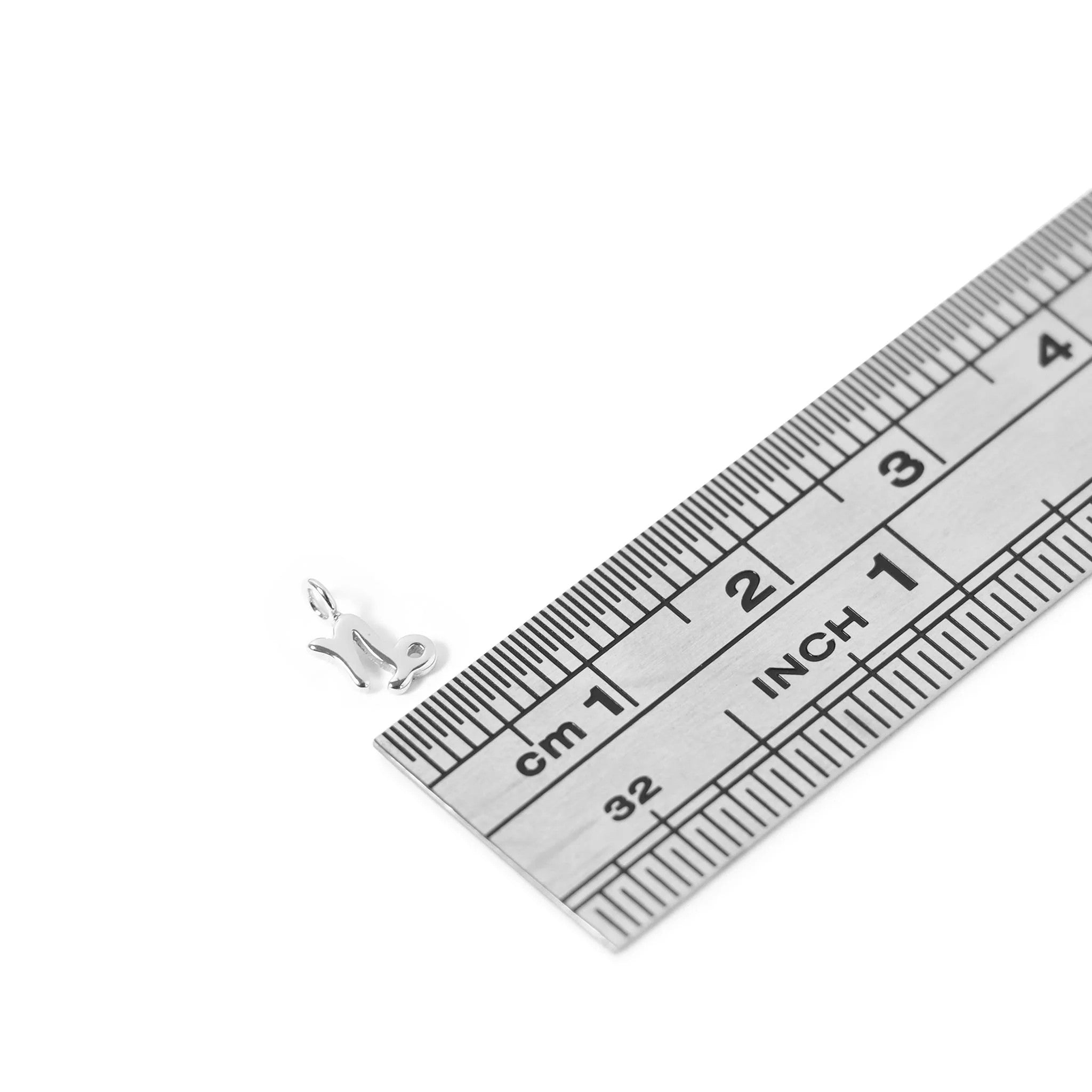 sterling silver zodiac charm shaped like a rabbit next to a silver measuring ruler