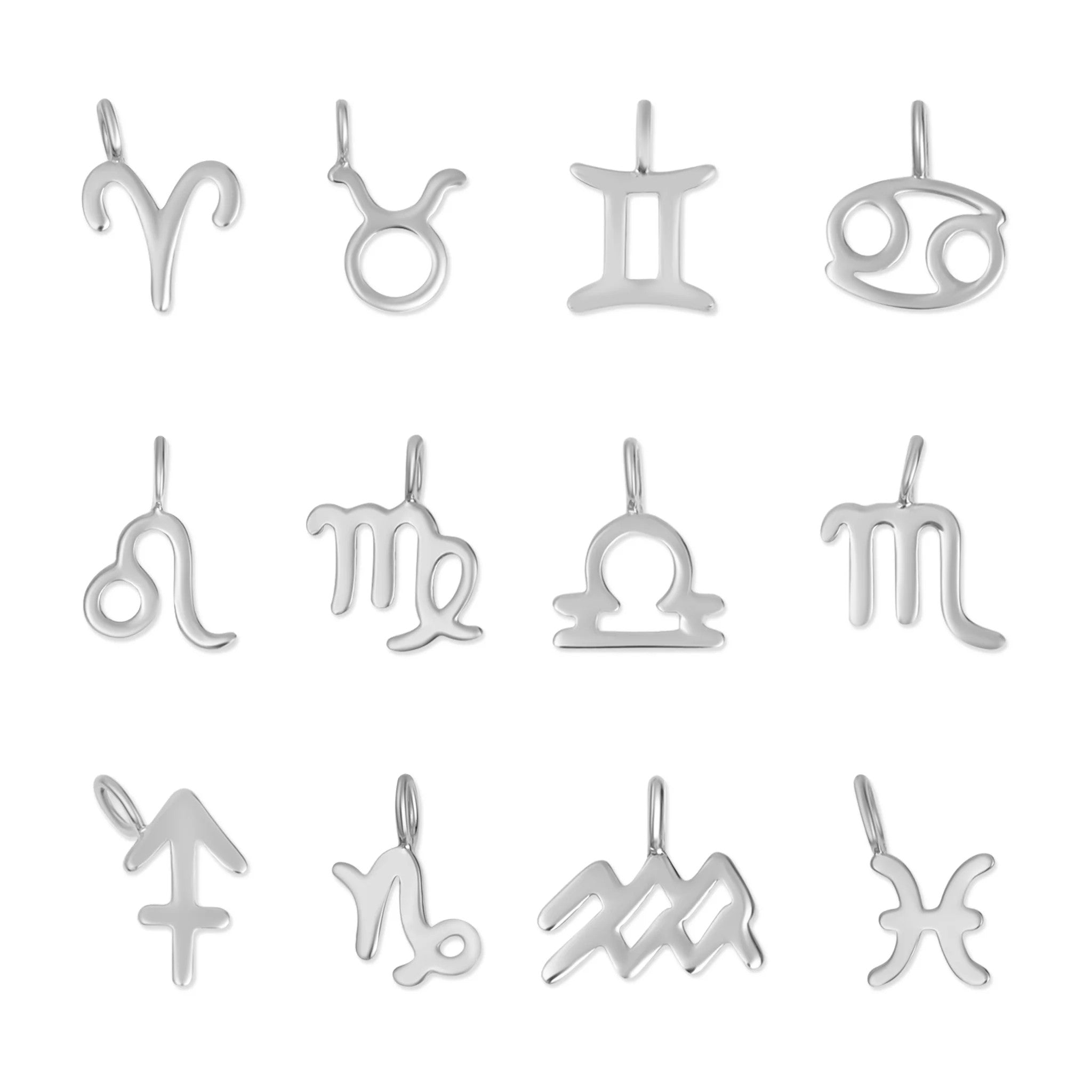 Sterling silver zodiac charm set featuring all twelve astrological signs in polished silver finish