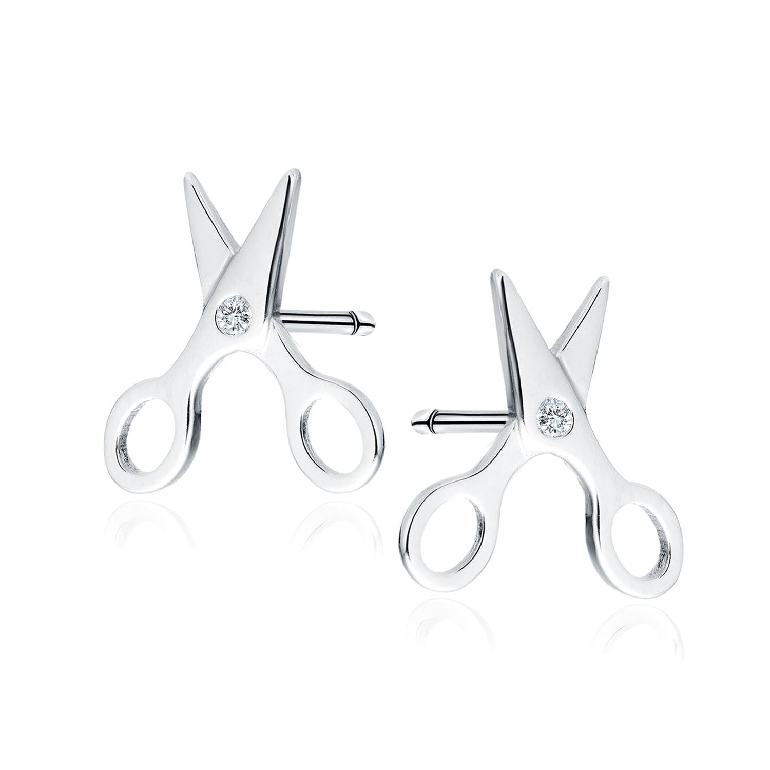 Melchior Jewellery Sterling Small Scissors Stud Earrings in polished silver with sparkling clear stones
